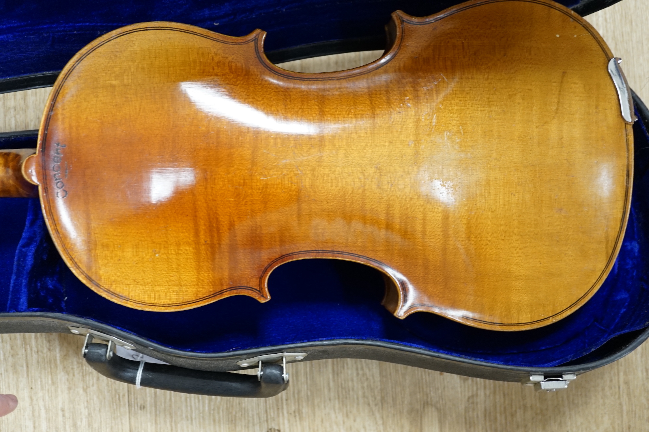 A cased German student’s violin, ‘copy of Antonius Stradivarius’, without bow
